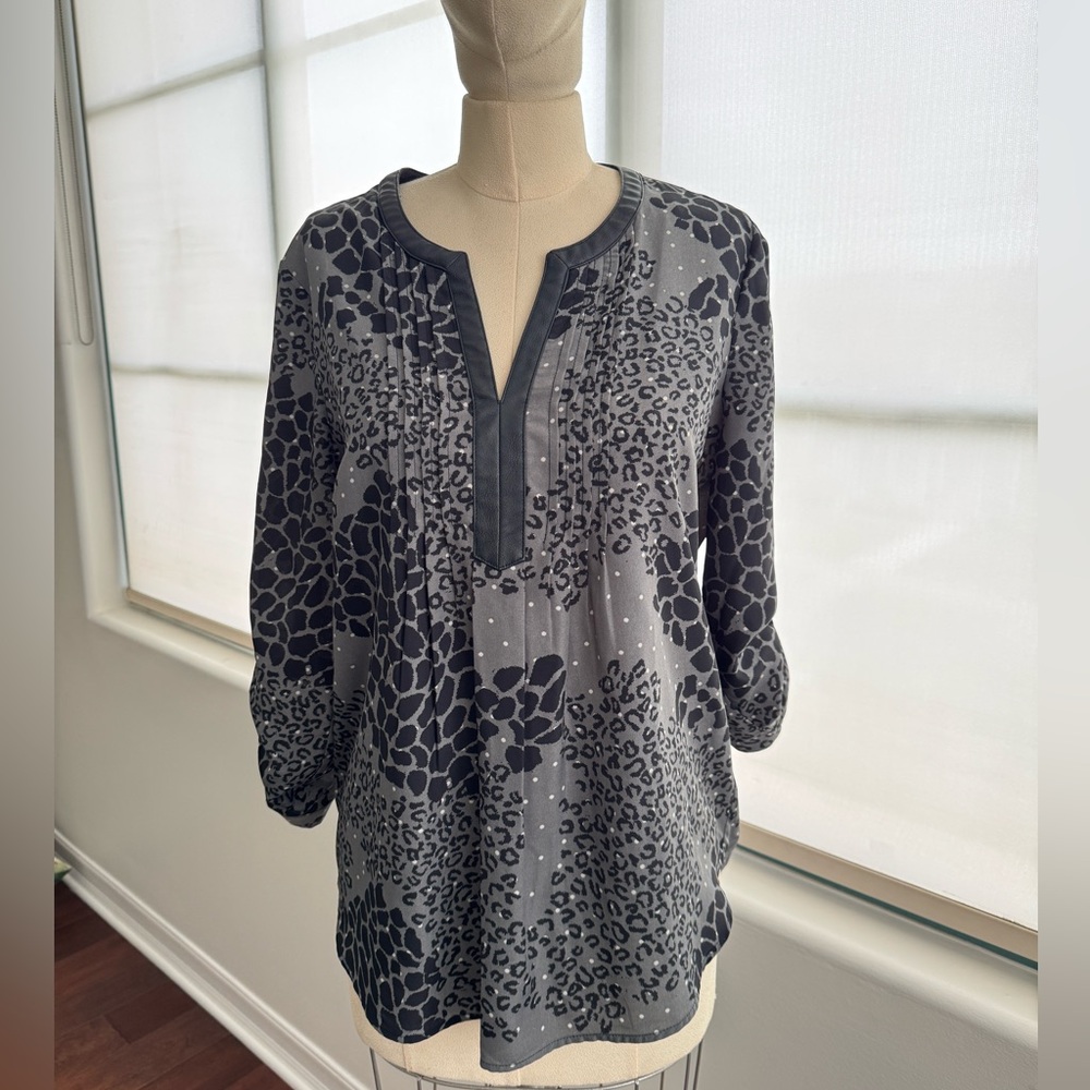 Long Sleeve Daniel Rainn Grey and Black Blouse with Leather Detailing